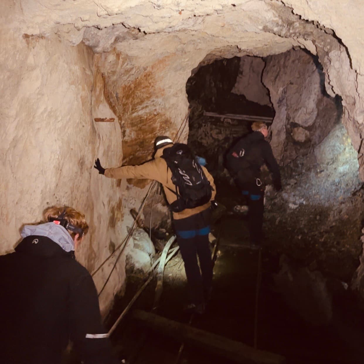 Headlamp exploration in a cave